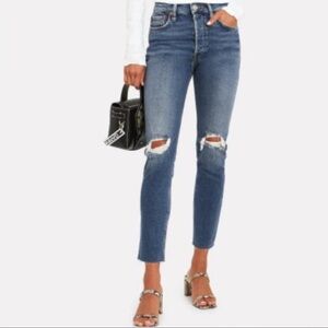 Re/Done 90s High Rise Cropped Destroyed Knee Blue Jeans - 24